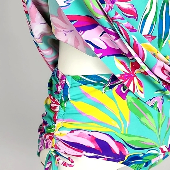 Stella Parker 2 Pc Tankini Swim Blue Multi Colour Floral Print Tiered Top Size M - Picture 4 of 15